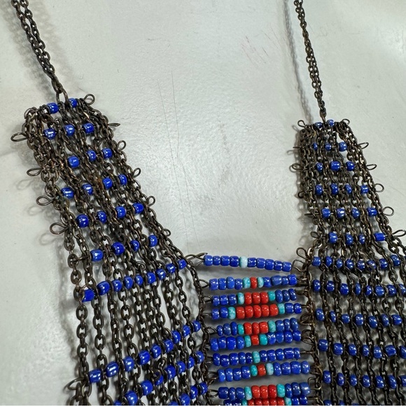 Vintage hand beaded handmade necklace tribal boho festival long red blue aztec - Picture 3 of 10
